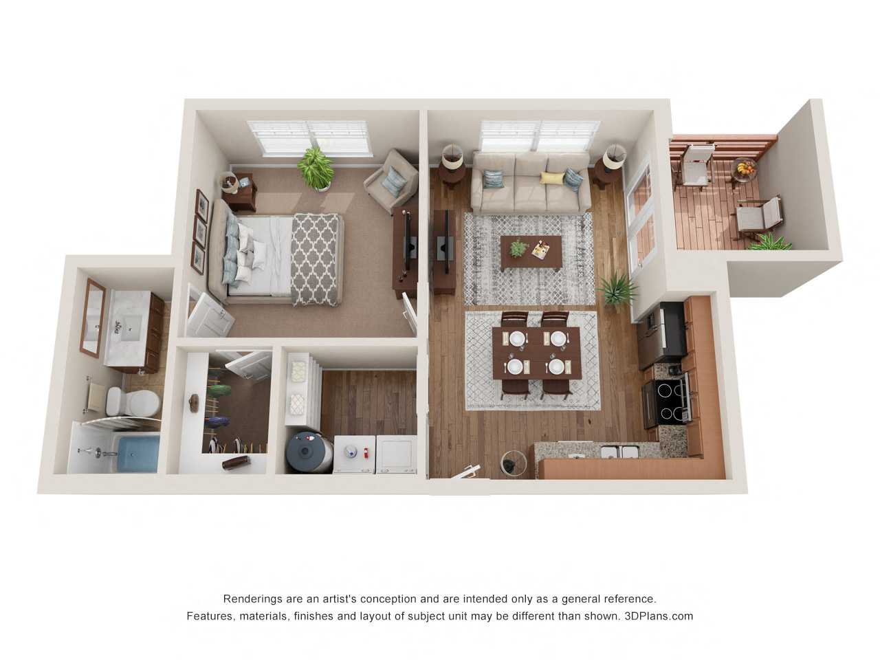 Floor plan for 1 bed, 1 bath, 627 sqft